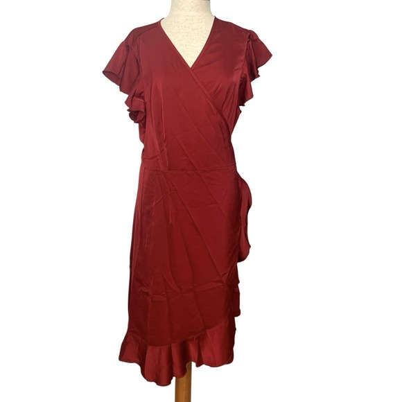 KOJOOIN Burgundy Wrap Midi Dress Plus Sz 3X – Flutter Sleeve V-Neck  Ruffle Hem - Picture 1 of 9